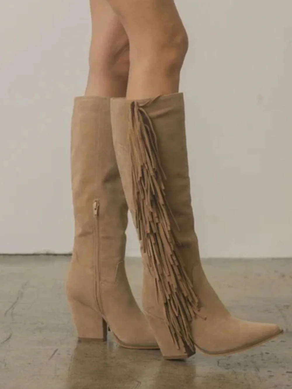 Fringe Tall Suede Boots in Taupe - Women